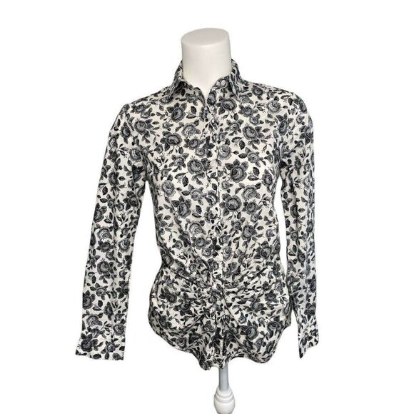 THAKOON Design Nation Black White Floral Button Down Ruched Top Sz Small - Picture 1 of 7